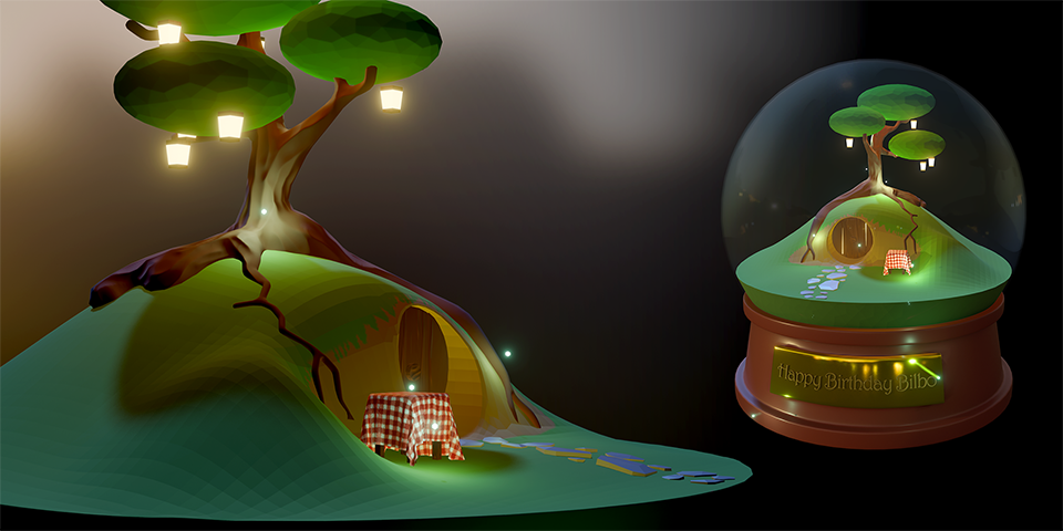 A 3d render of a hobbit style hovel, encased in a snow globe
